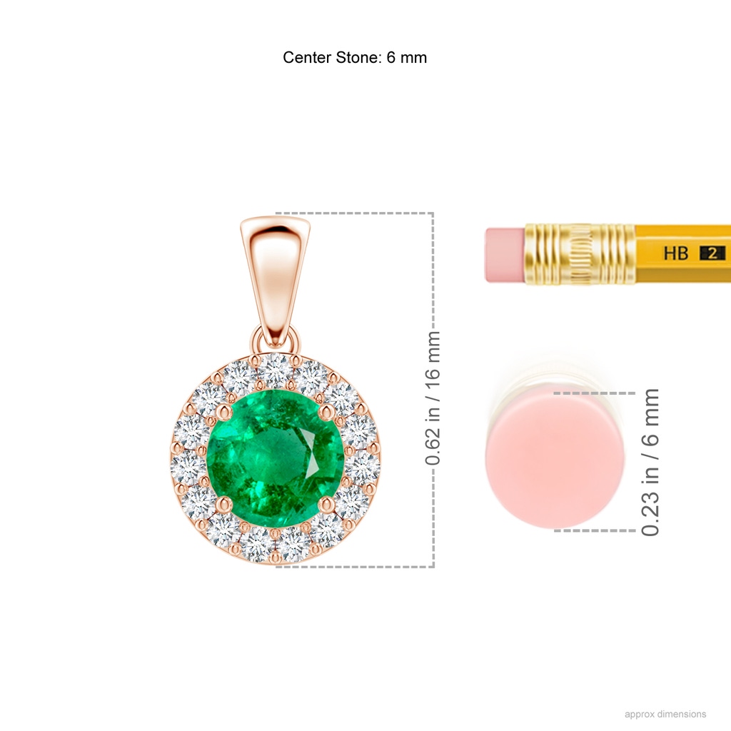 6mm AAA Round Emerald and Diamond Halo Pendant in Rose Gold Ruler