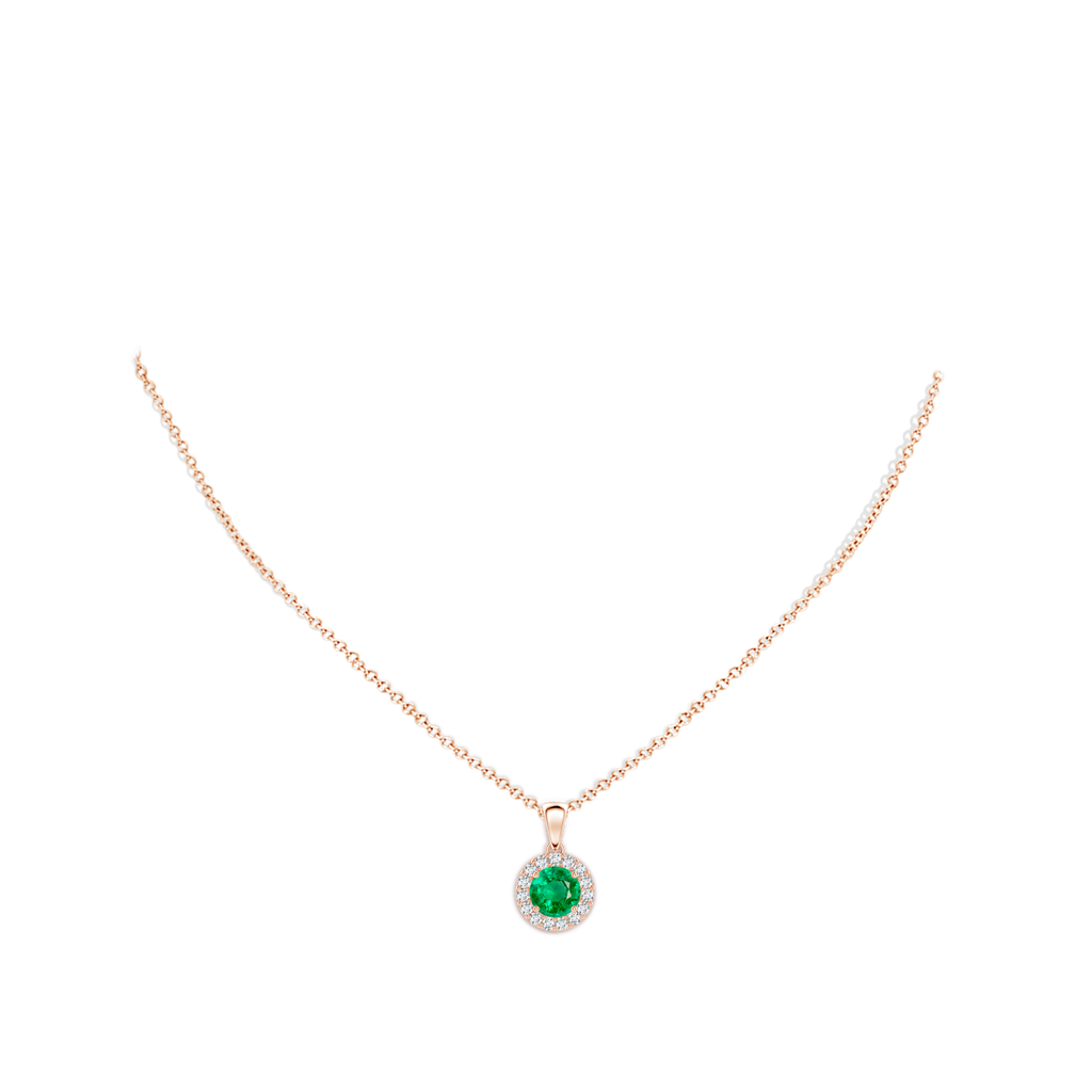 6mm AAA Round Emerald and Diamond Halo Pendant in Rose Gold Body-Neck