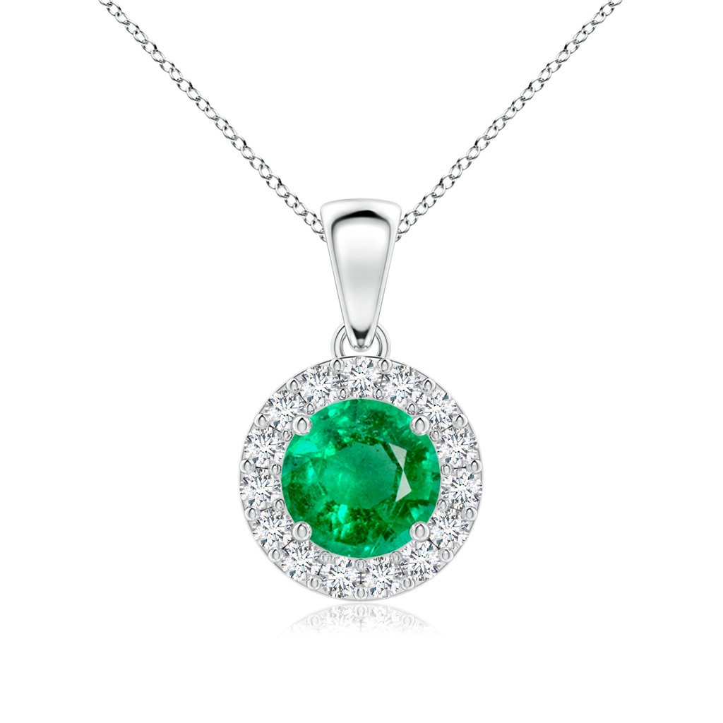 6mm AAA Round Emerald and Diamond Halo Pendant in White Gold