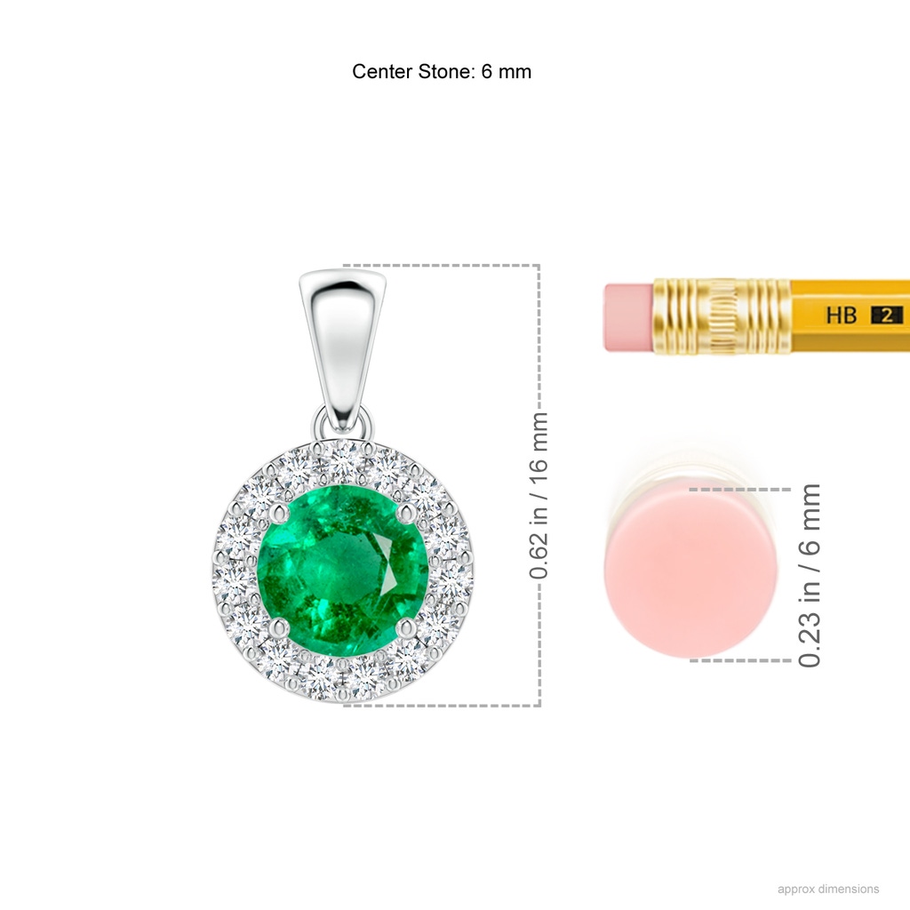 6mm AAA Round Emerald and Diamond Halo Pendant in White Gold Ruler