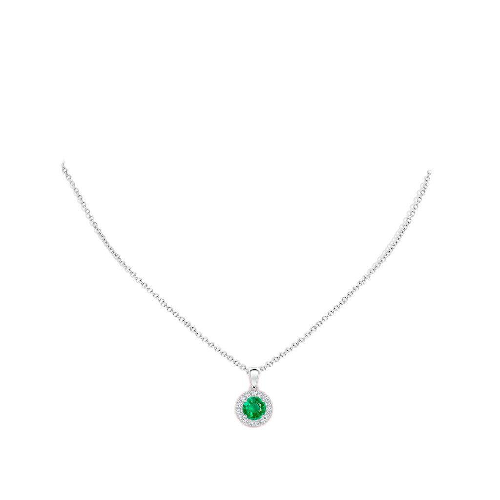 6mm AAA Round Emerald and Diamond Halo Pendant in White Gold Body-Neck