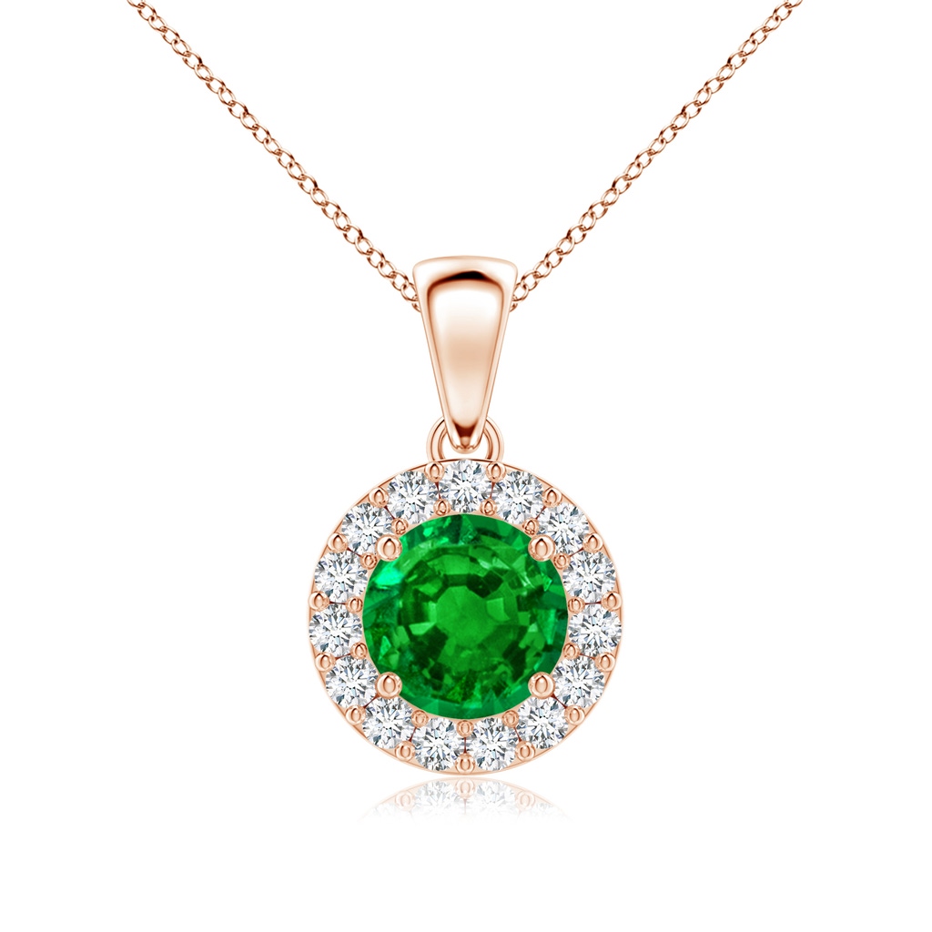 6mm AAAA Round Emerald and Diamond Halo Pendant in Rose Gold