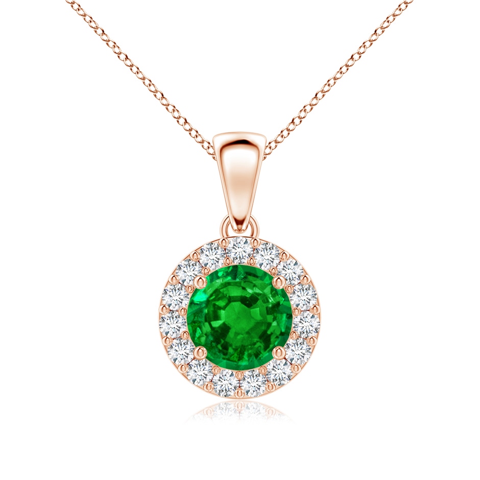 6mm AAAA Round Emerald and Diamond Halo Pendant in Rose Gold 