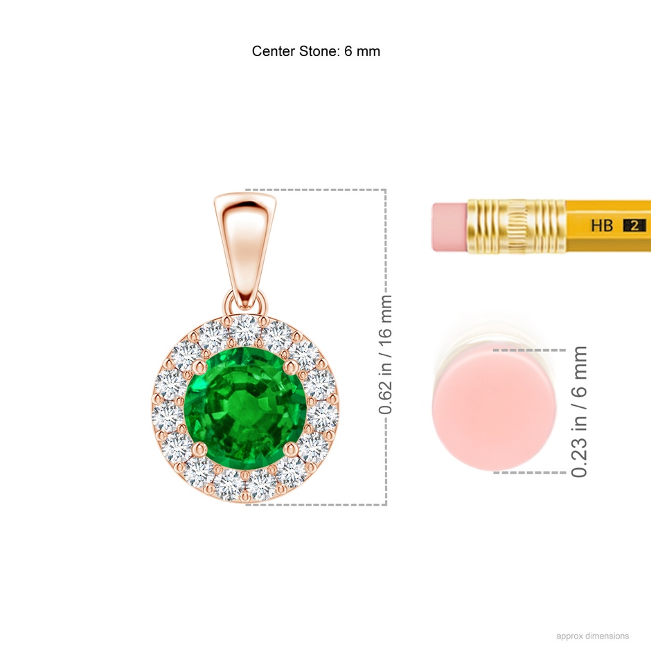 6mm AAAA Round Emerald and Diamond Halo Pendant in Rose Gold ruler