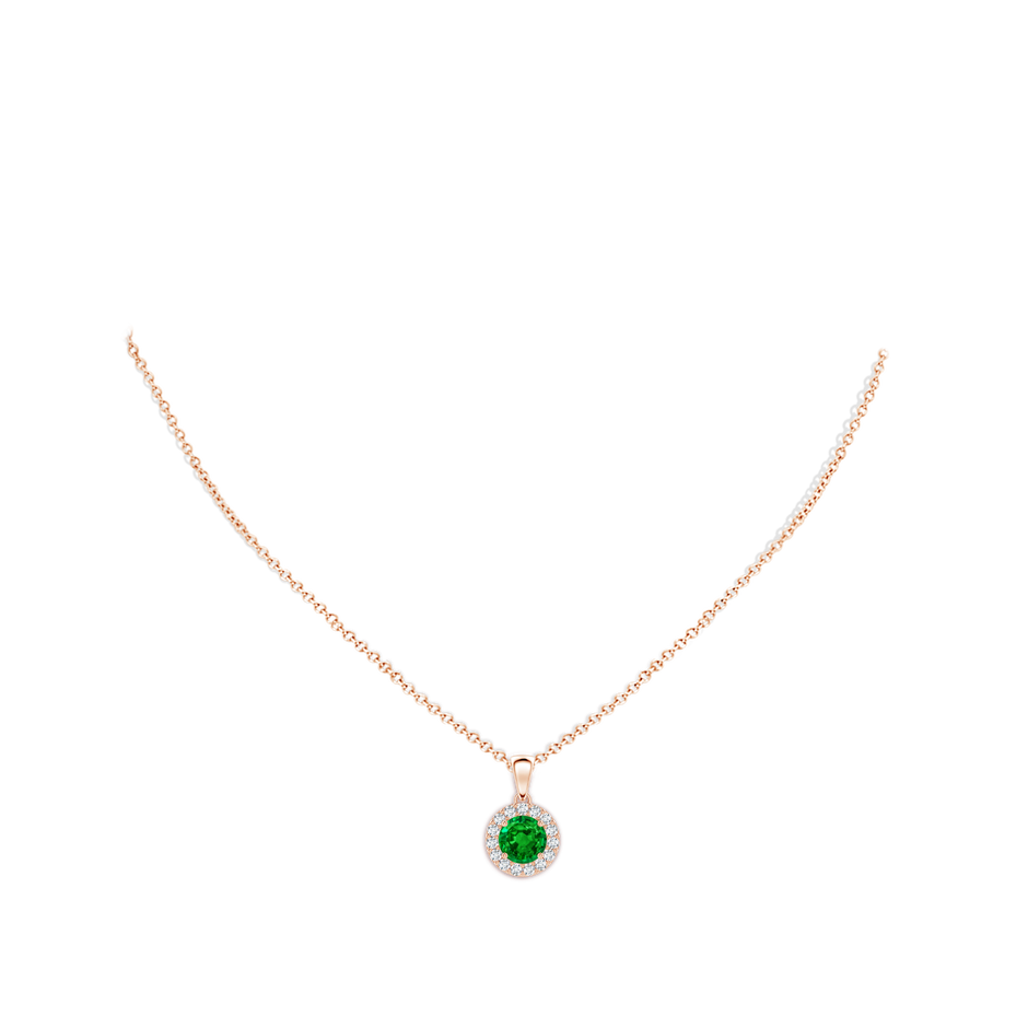 6mm AAAA Round Emerald and Diamond Halo Pendant in Rose Gold body-neck