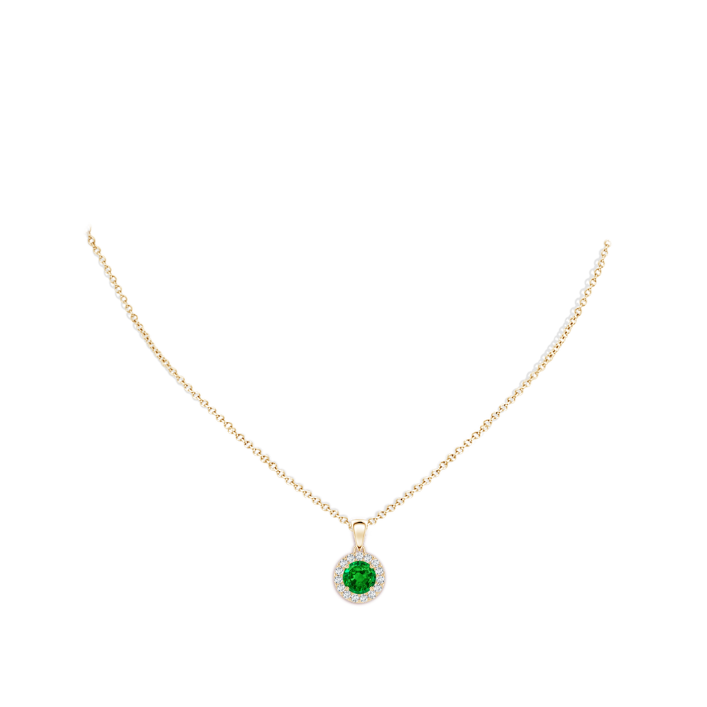 6mm AAAA Round Emerald and Diamond Halo Pendant in Yellow Gold Body-Neck