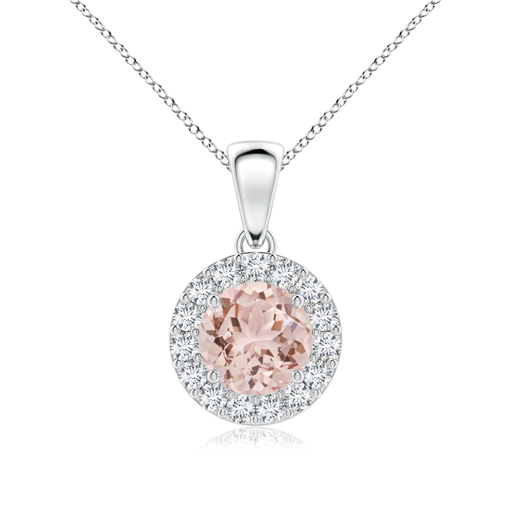 6mm AAA Round Morganite and Diamond Halo Pendant in White Gold
