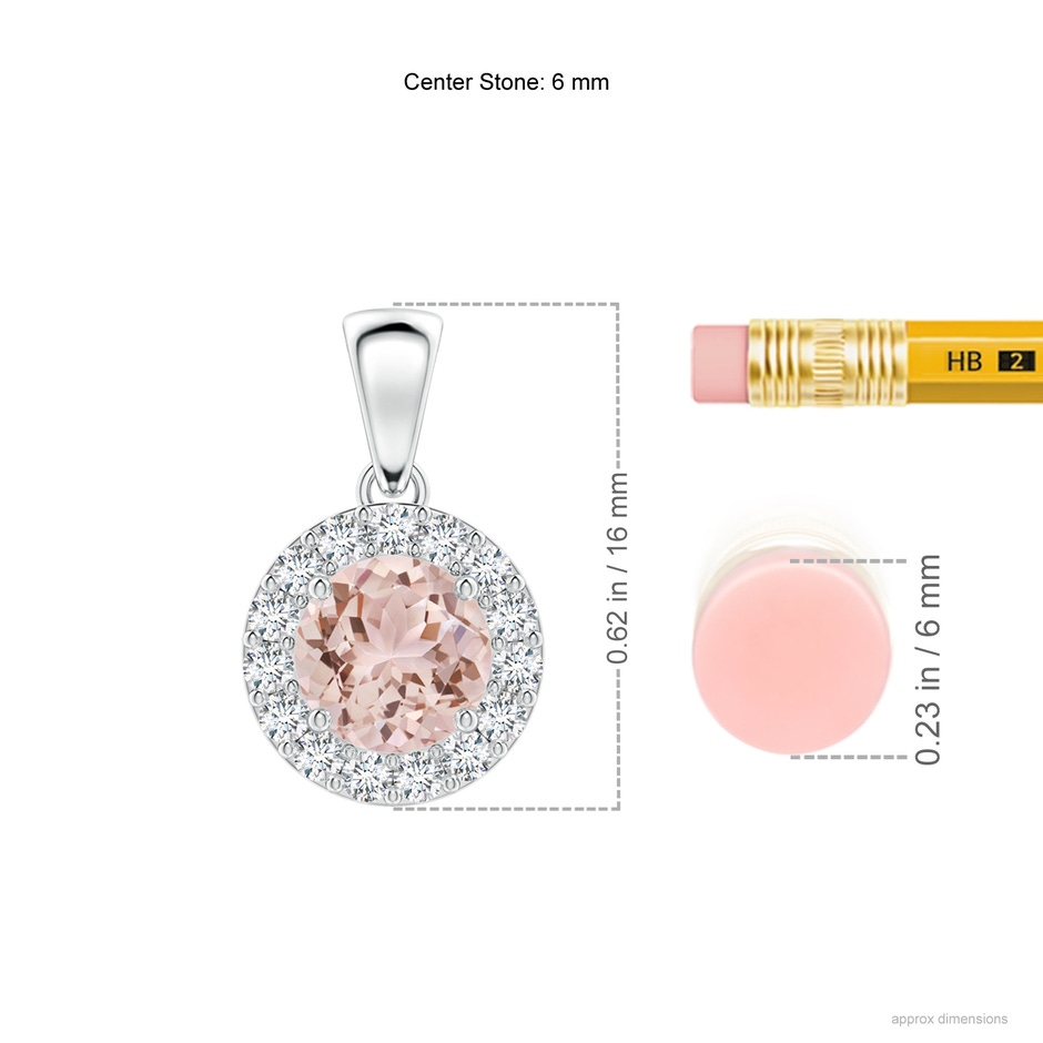 6mm AAA Round Morganite and Diamond Halo Pendant in White Gold ruler