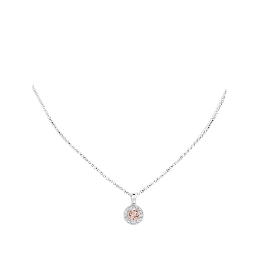 6mm AAA Round Morganite and Diamond Halo Pendant in White Gold Body-Neck