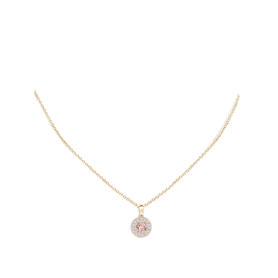 6mm AAA Round Morganite and Diamond Halo Pendant in Yellow Gold body-neck