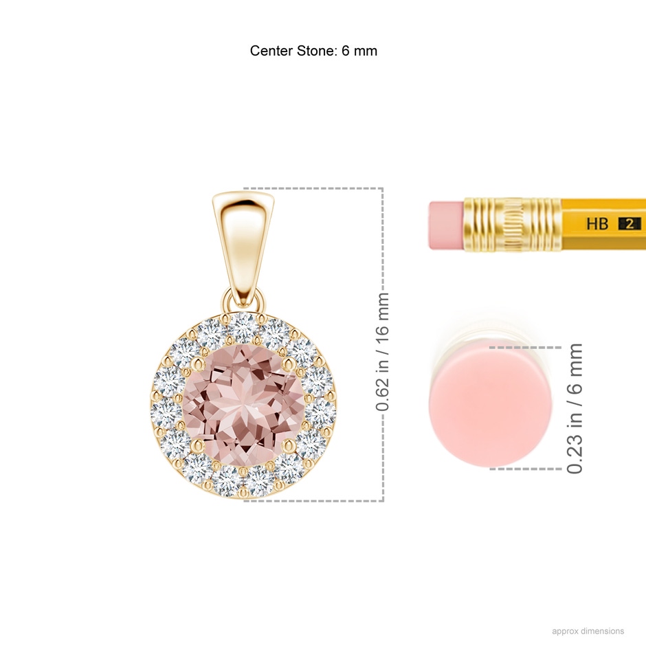 6mm AAAA Round Morganite and Diamond Halo Pendant in Yellow Gold ruler