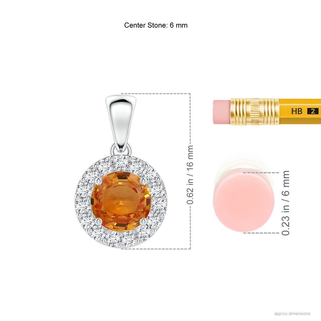 6mm AAA Round Orange Sapphire and Diamond Halo Pendant in White Gold Ruler
