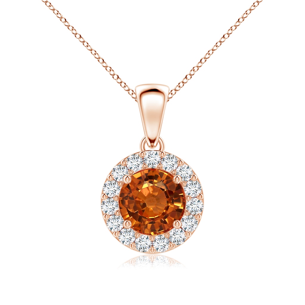 6mm AAAA Round Orange Sapphire and Diamond Halo Pendant in Rose Gold