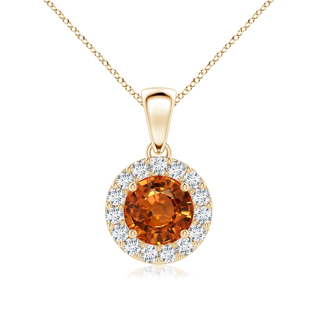 6mm AAAA Round Orange Sapphire and Diamond Halo Pendant in Yellow Gold