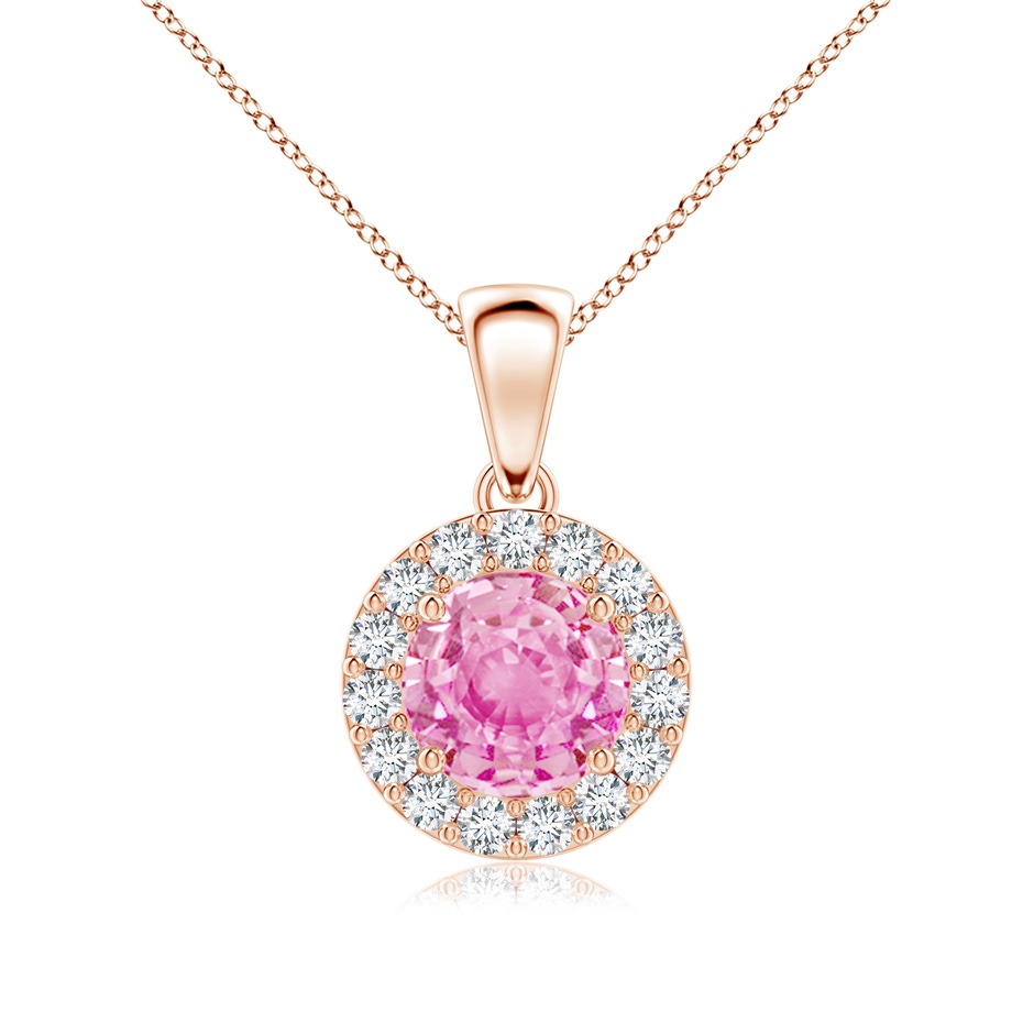 6mm A Round Pink Sapphire and Diamond Halo Pendant in Rose Gold 