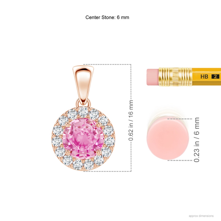 6mm A Round Pink Sapphire and Diamond Halo Pendant in Rose Gold ruler