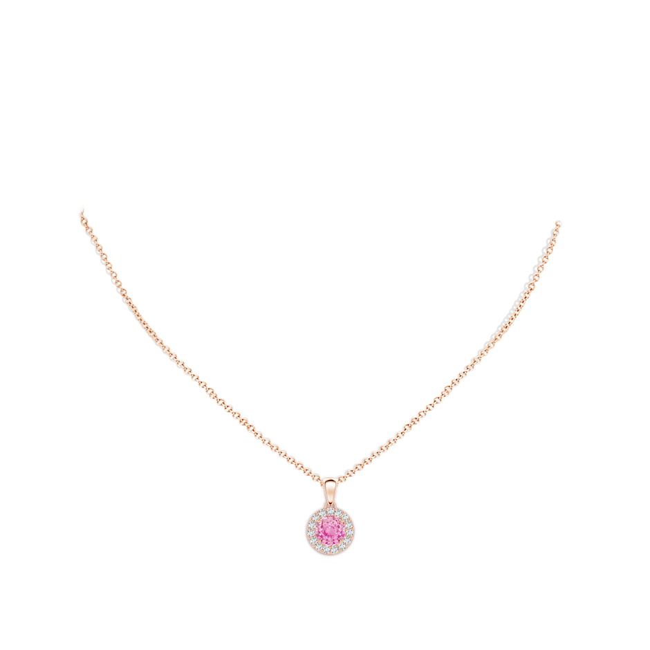 6mm A Round Pink Sapphire and Diamond Halo Pendant in Rose Gold body-neck