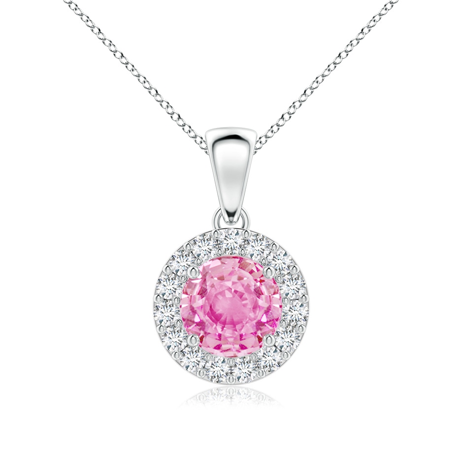 6mm A Round Pink Sapphire and Diamond Halo Pendant in White Gold 