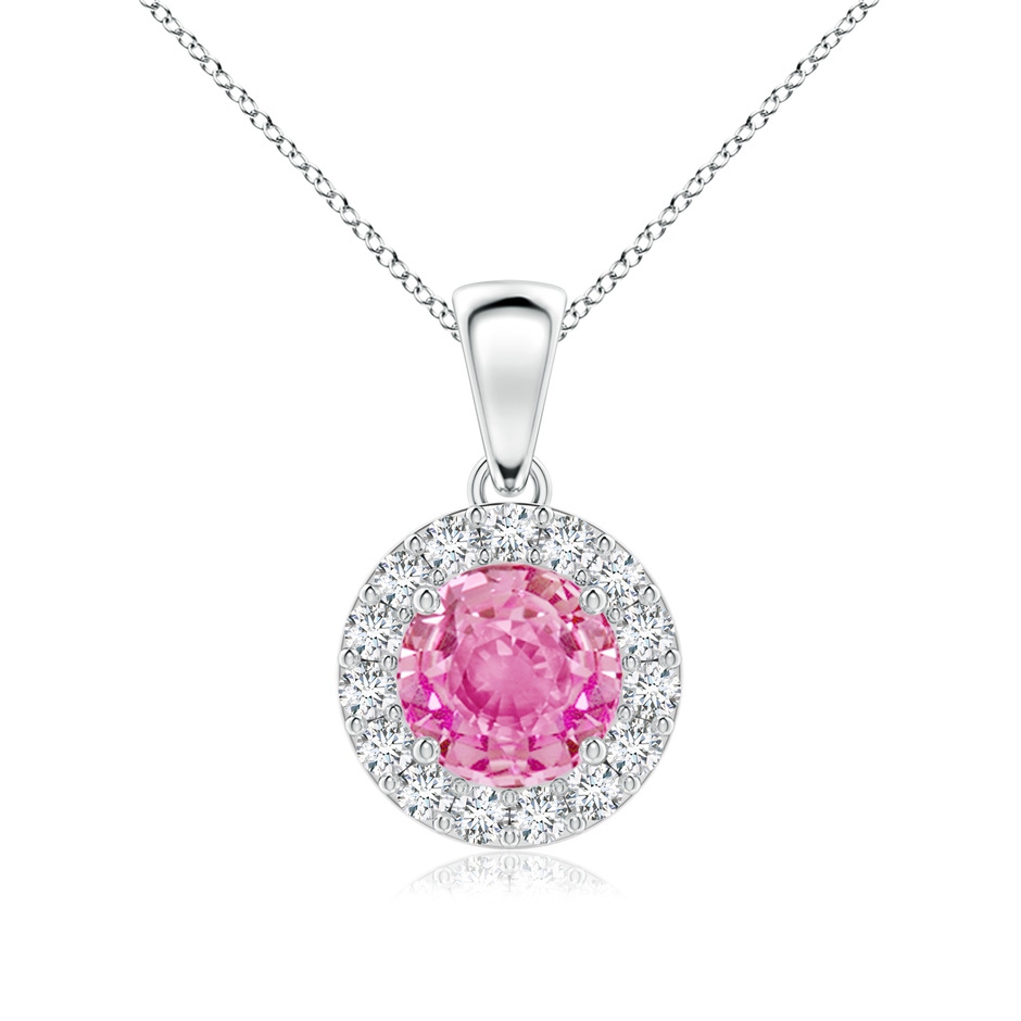 6mm AA Round Pink Sapphire and Diamond Halo Pendant in White Gold 
