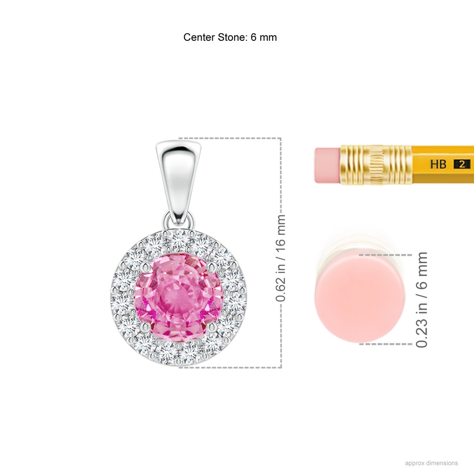 6mm AA Round Pink Sapphire and Diamond Halo Pendant in White Gold ruler