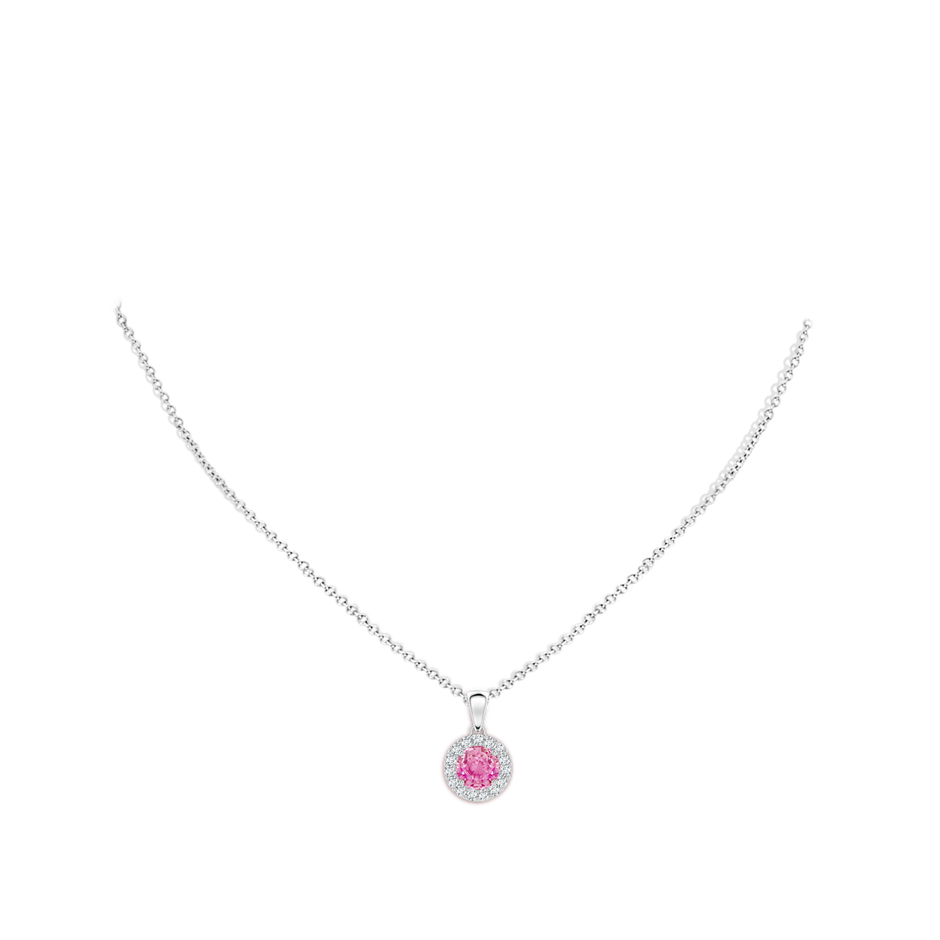 6mm AA Round Pink Sapphire and Diamond Halo Pendant in White Gold body-neck