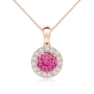 6mm AAA Round Pink Sapphire and Diamond Halo Pendant in Rose Gold