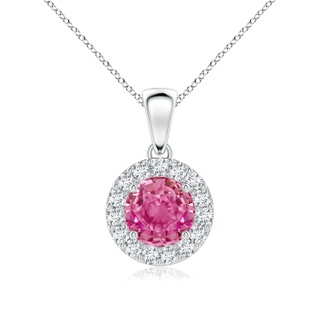 6mm AAA Round Pink Sapphire and Diamond Halo Pendant in White Gold