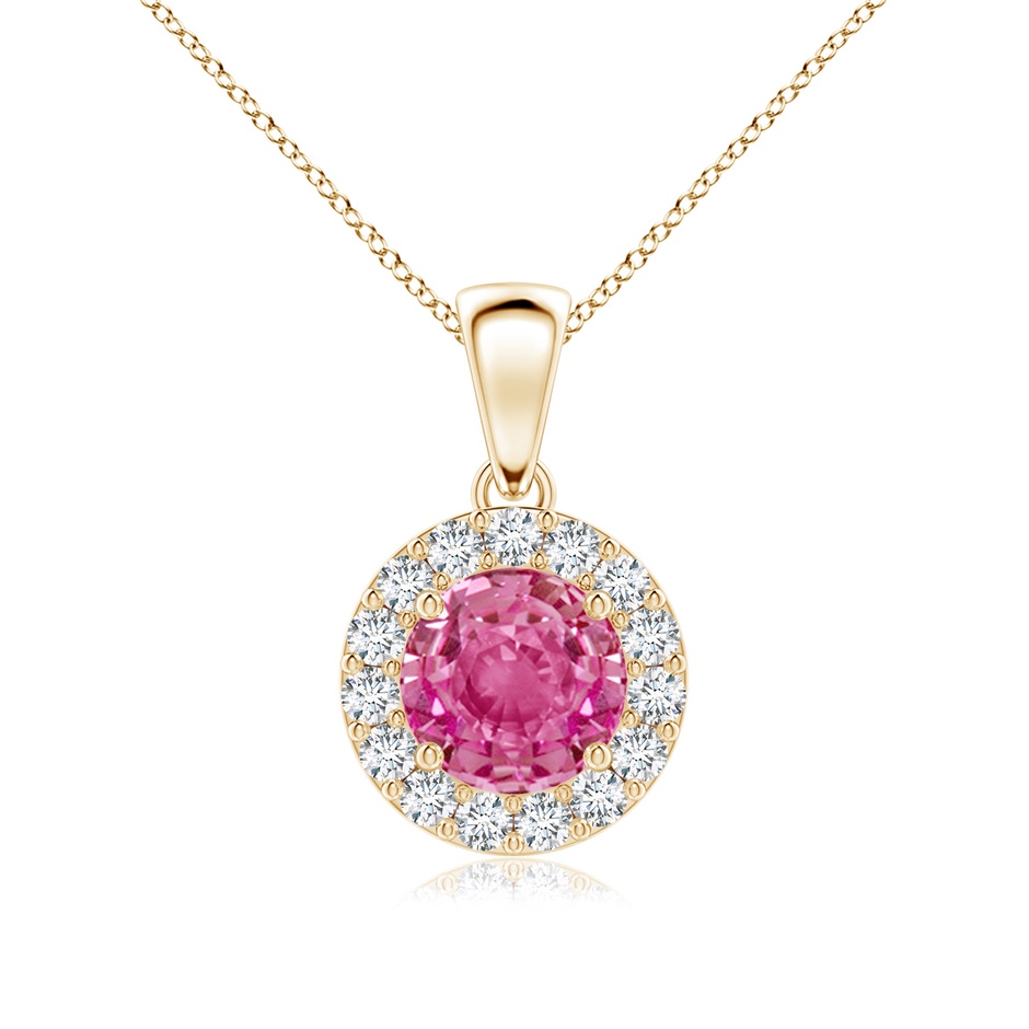 6mm AAA Round Pink Sapphire and Diamond Halo Pendant in Yellow Gold 