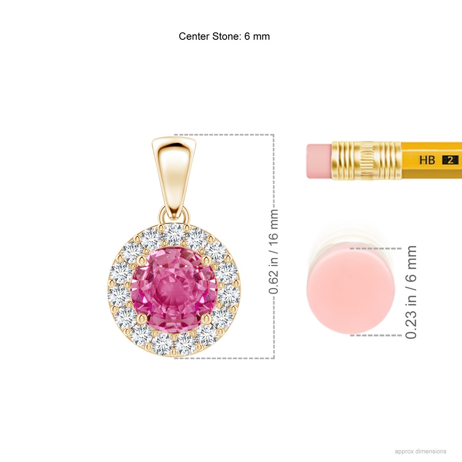 6mm AAA Round Pink Sapphire and Diamond Halo Pendant in Yellow Gold ruler