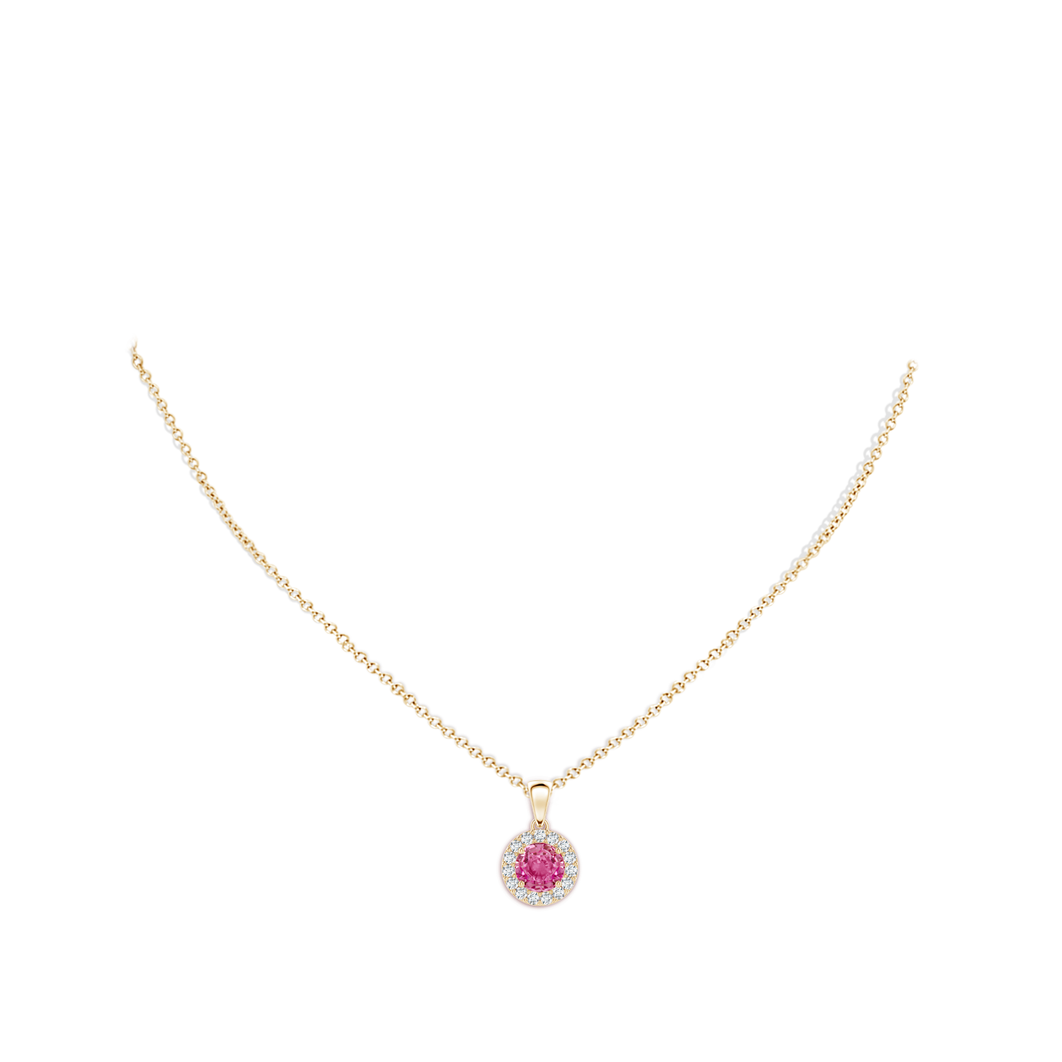 6mm AAA Round Pink Sapphire and Diamond Halo Pendant in Yellow Gold - body_neck