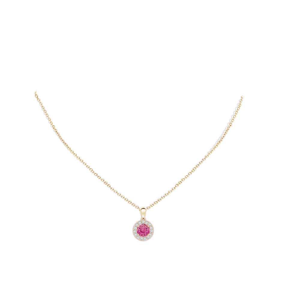 6mm AAA Round Pink Sapphire and Diamond Halo Pendant in Yellow Gold body-neck