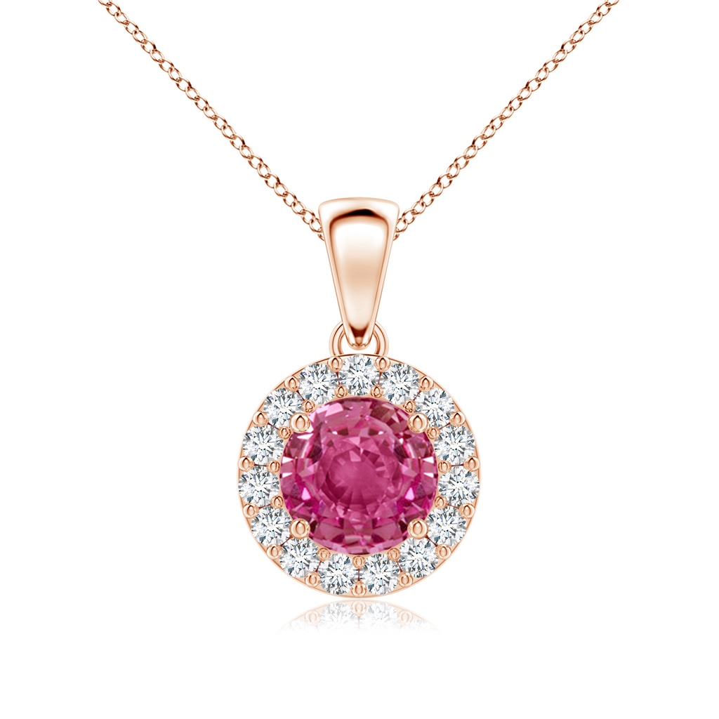 6mm AAAA Round Pink Sapphire and Diamond Halo Pendant in Rose Gold