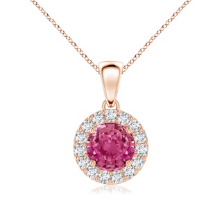 6mm AAAA Round Pink Sapphire and Diamond Halo Pendant in Rose Gold