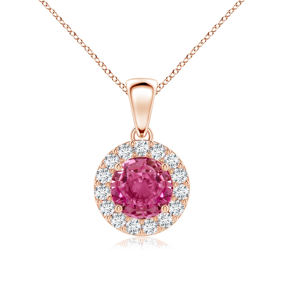 6mm AAAA Round Pink Sapphire and Diamond Halo Pendant in Rose Gold 