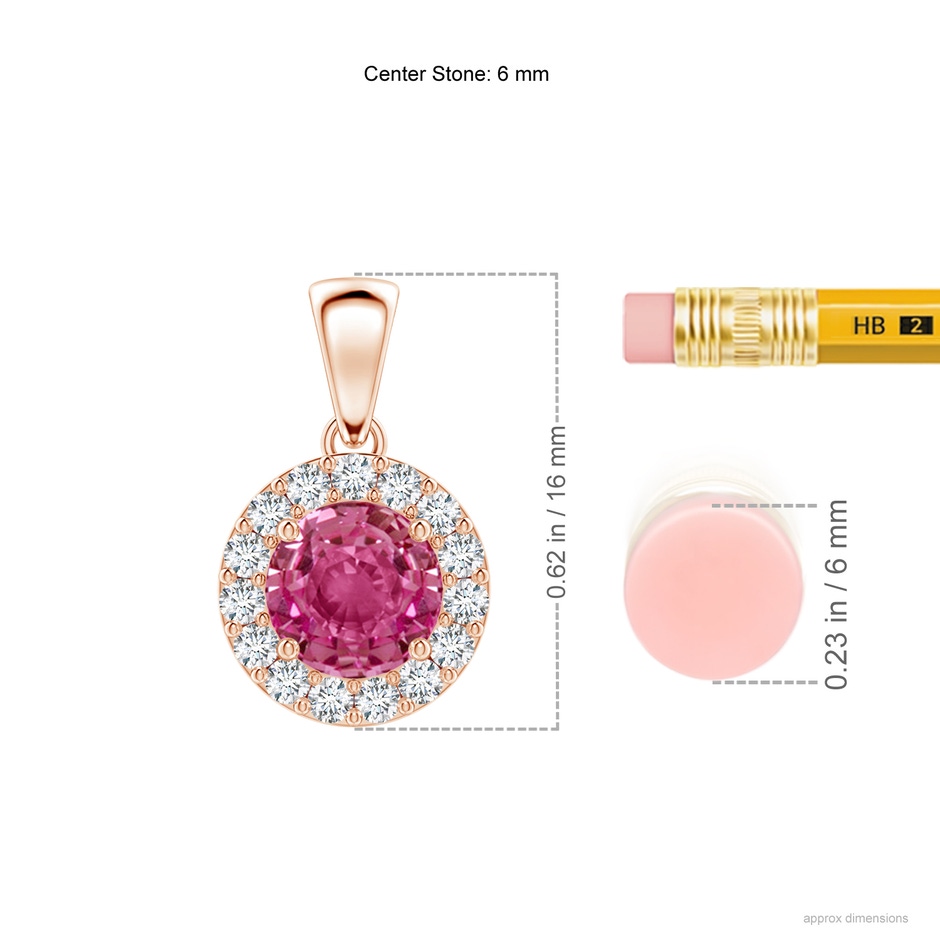6mm AAAA Round Pink Sapphire and Diamond Halo Pendant in Rose Gold ruler