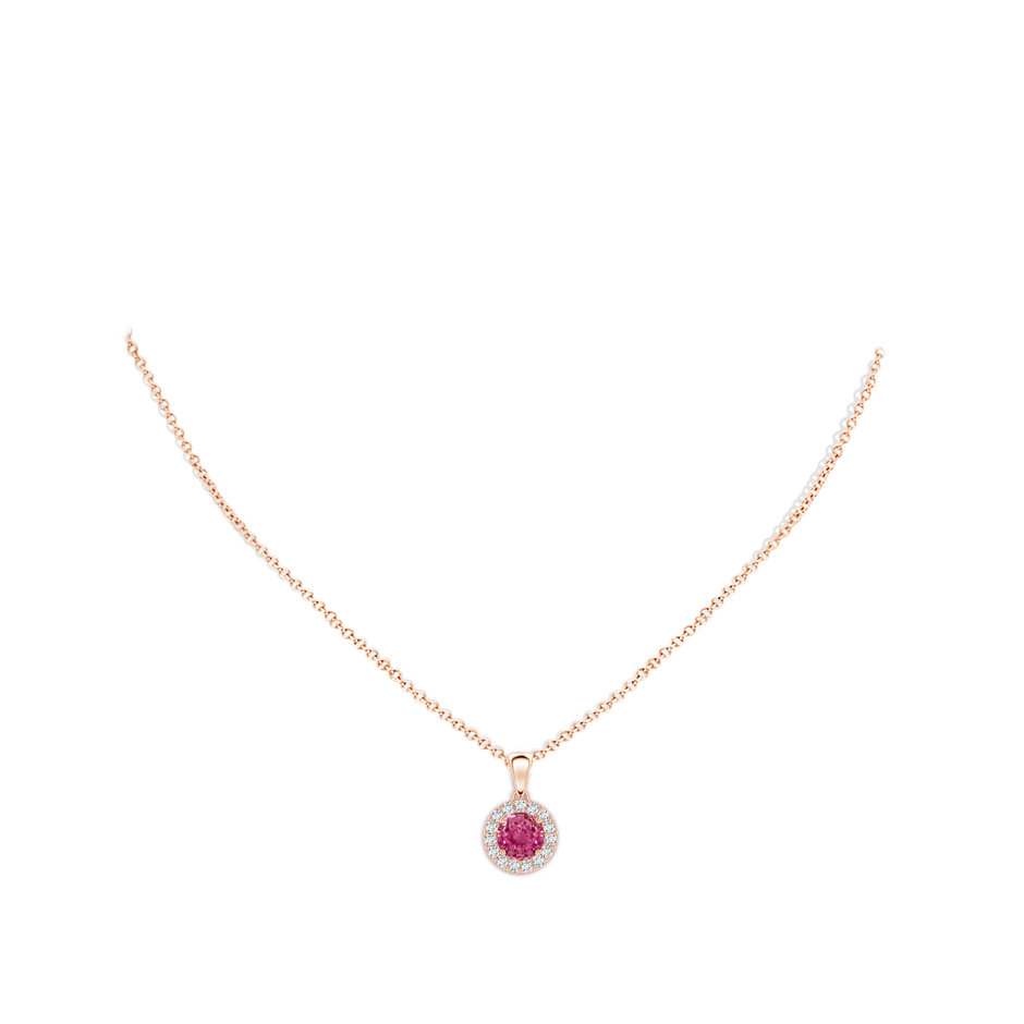 6mm AAAA Round Pink Sapphire and Diamond Halo Pendant in Rose Gold body-neck