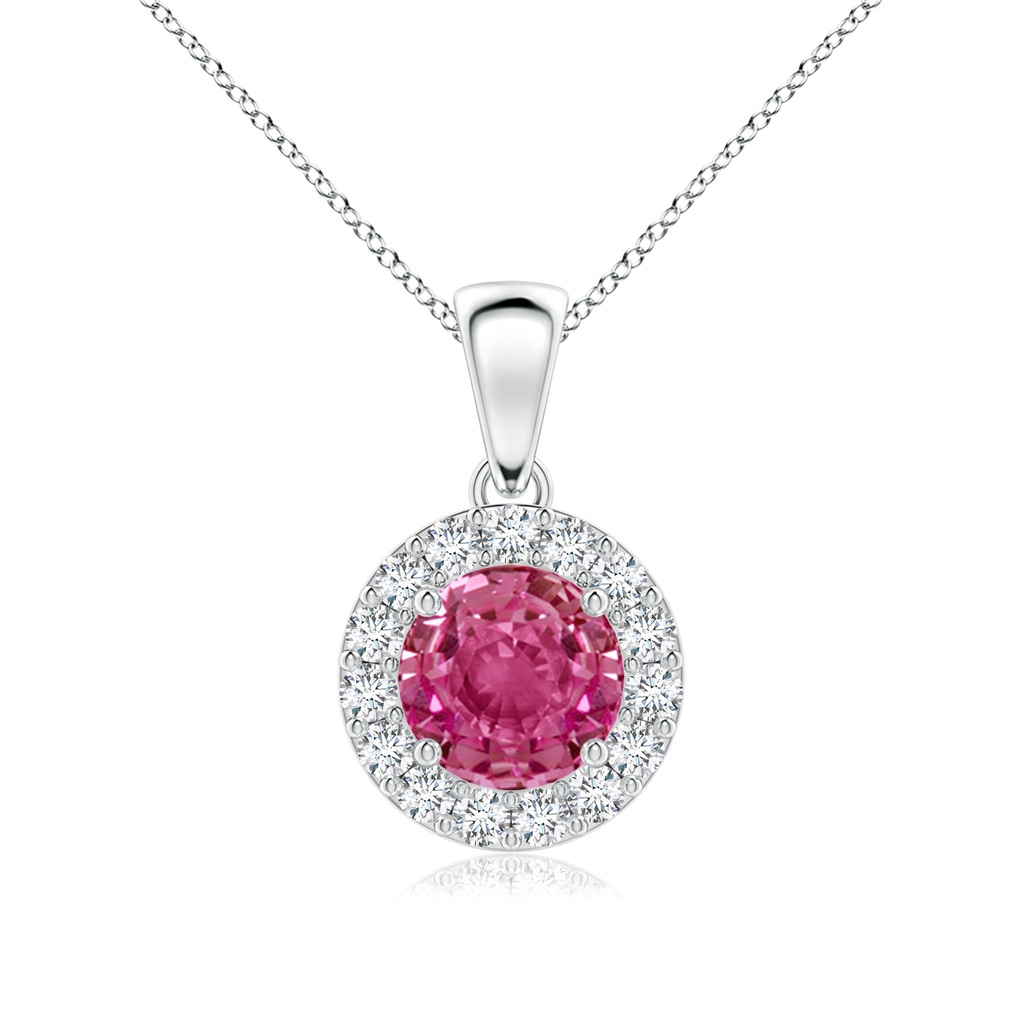 6mm AAAA Round Pink Sapphire and Diamond Halo Pendant in White Gold
