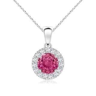 6mm AAAA Round Pink Sapphire and Diamond Halo Pendant in White Gold