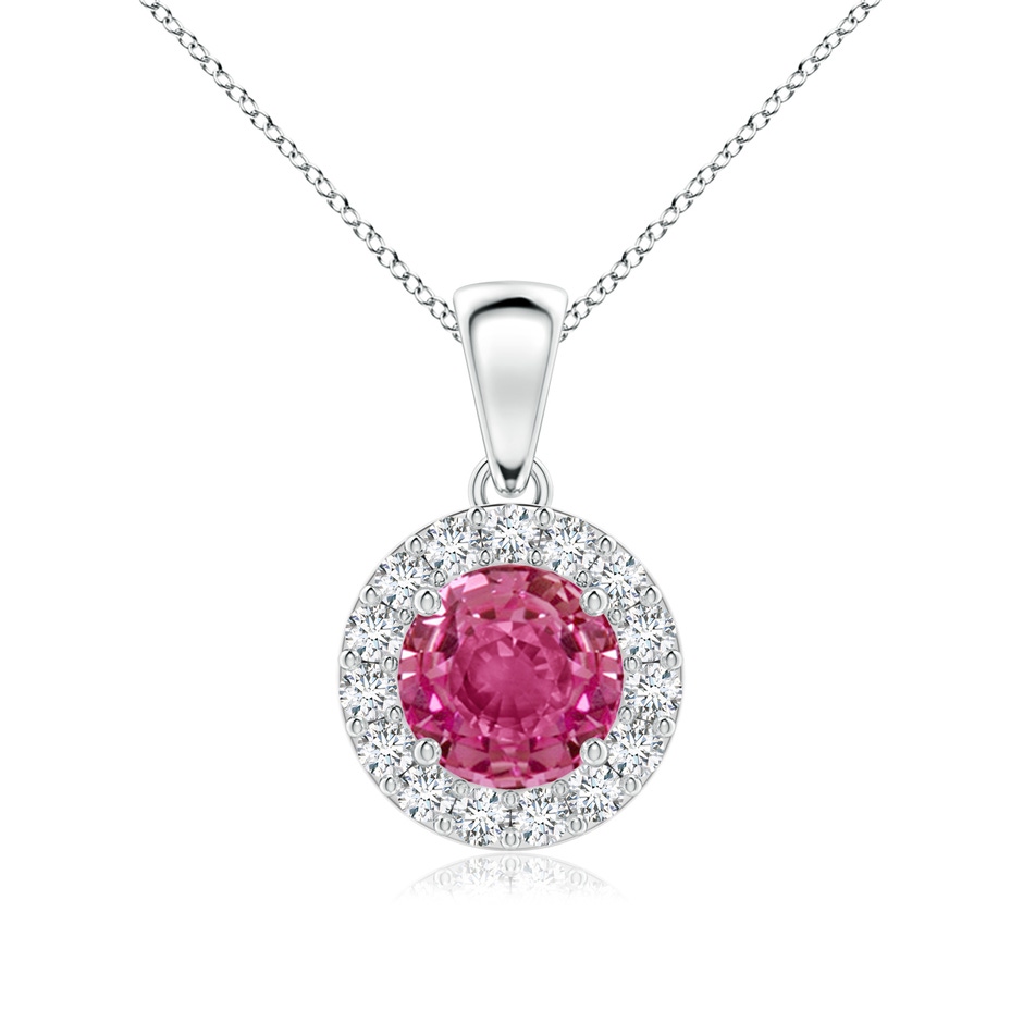 6mm AAAA Round Pink Sapphire and Diamond Halo Pendant in White Gold 