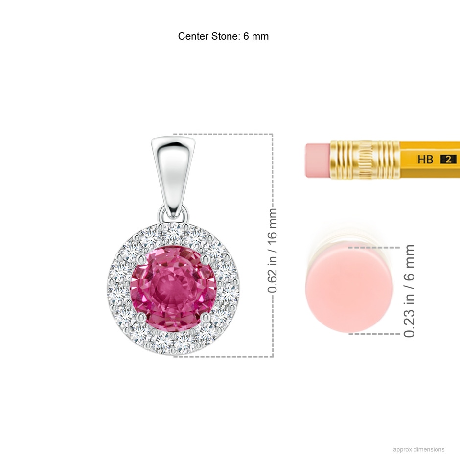 6mm AAAA Round Pink Sapphire and Diamond Halo Pendant in White Gold ruler