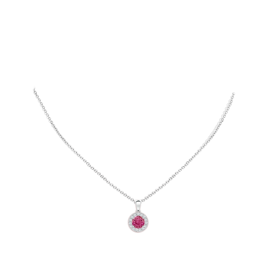 6mm AAAA Round Pink Sapphire and Diamond Halo Pendant in White Gold body-neck