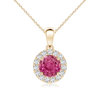 6mm AAAA Round Pink Sapphire and Diamond Halo Pendant in Yellow Gold