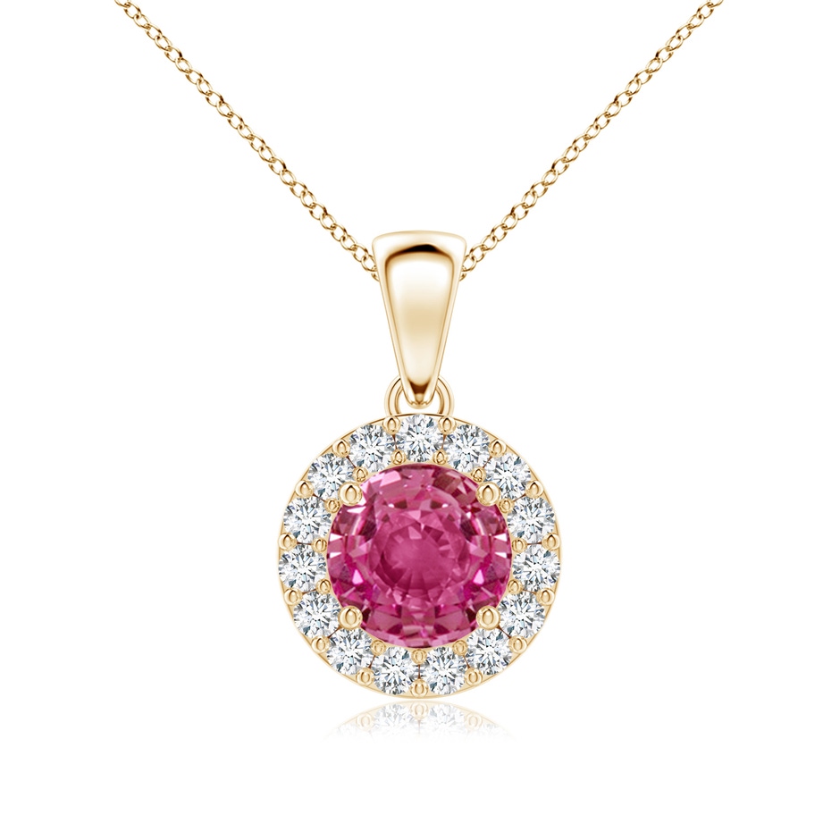 6mm AAAA Round Pink Sapphire and Diamond Halo Pendant in Yellow Gold 