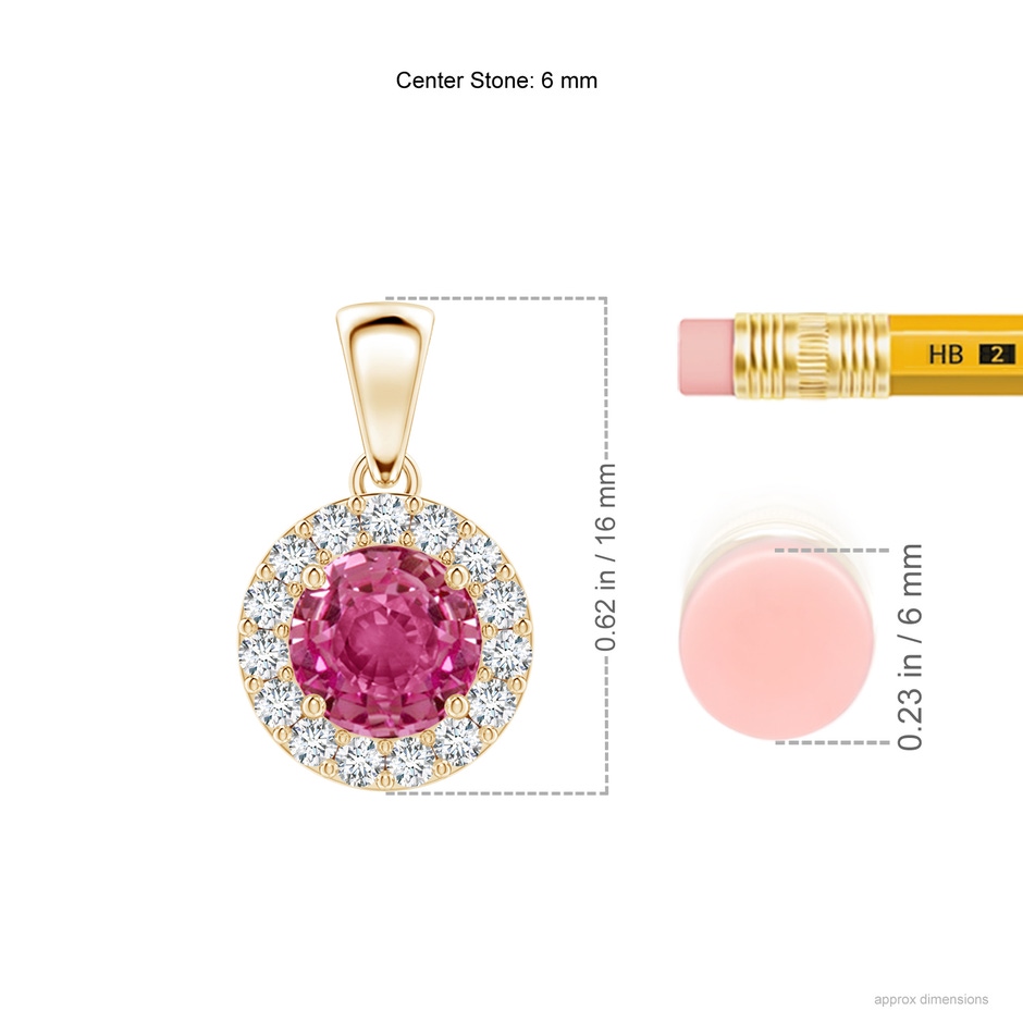 6mm AAAA Round Pink Sapphire and Diamond Halo Pendant in Yellow Gold ruler