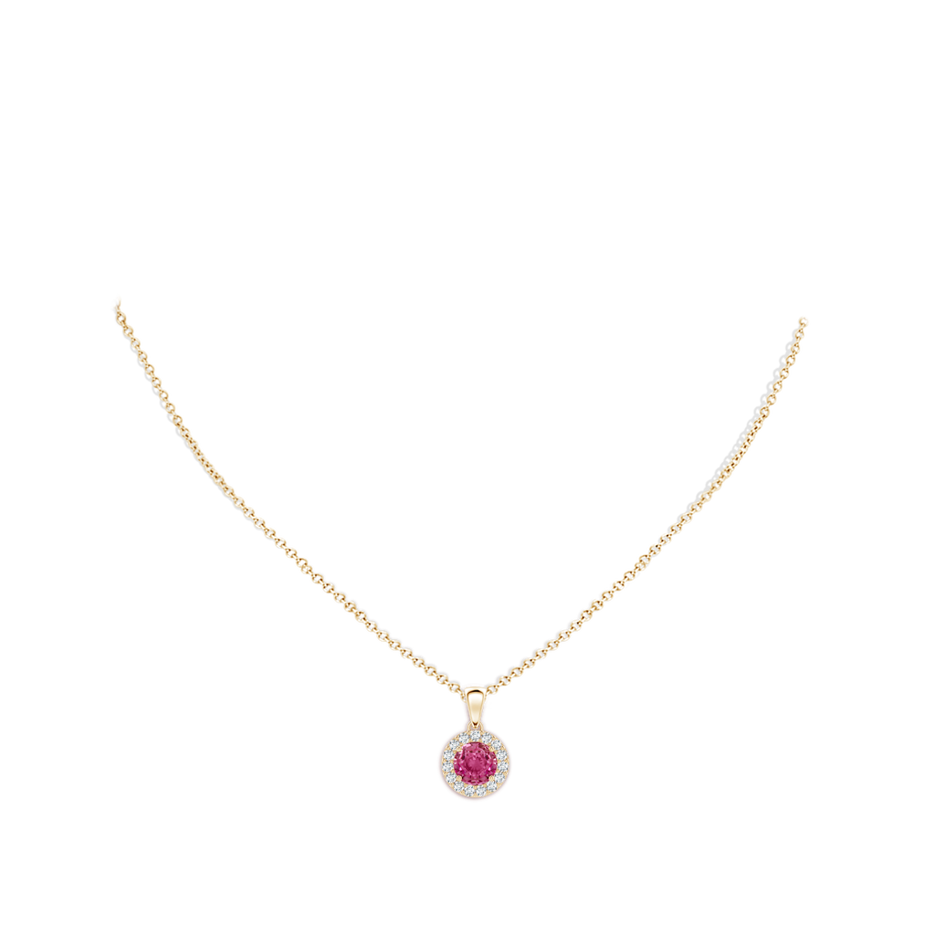 6mm AAAA Round Pink Sapphire and Diamond Halo Pendant in Yellow Gold Body-Neck