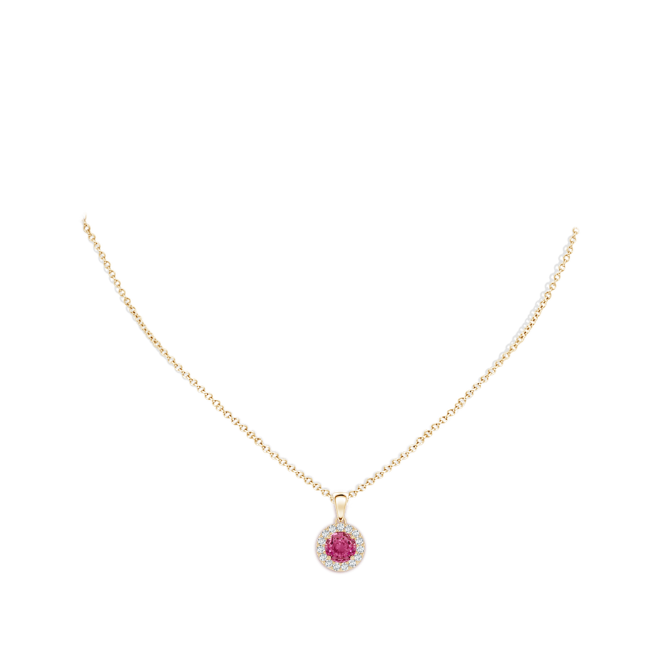 6mm AAAA Round Pink Sapphire and Diamond Halo Pendant in Yellow Gold body-neck