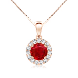 6mm AAA Round Ruby and Diamond Halo Pendant in Rose Gold
