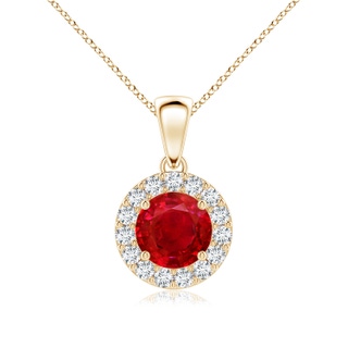 6mm AAA Round Ruby and Diamond Halo Pendant in Yellow Gold