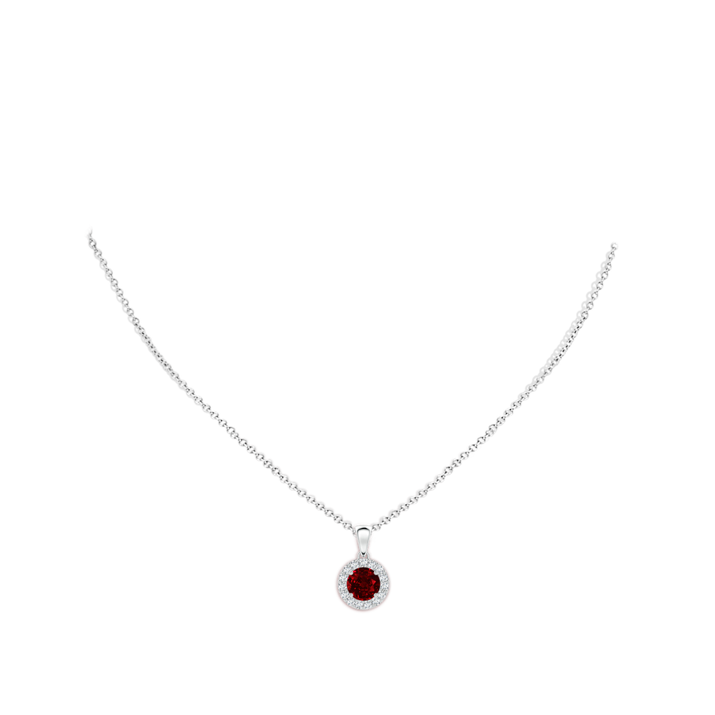 6mm AAAA Round Ruby and Diamond Halo Pendant in P950 Platinum Body-Neck