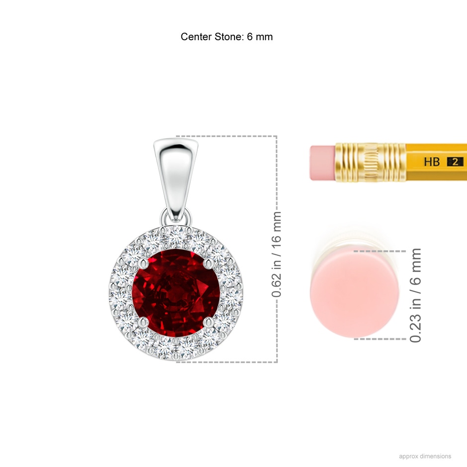 6mm AAAA Round Ruby and Diamond Halo Pendant in White Gold ruler